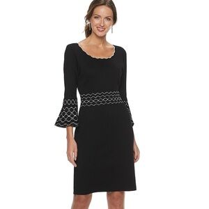 NINA LEONARD BLACK JACQUARD BELL-SLEEVE SWEATER DRESS